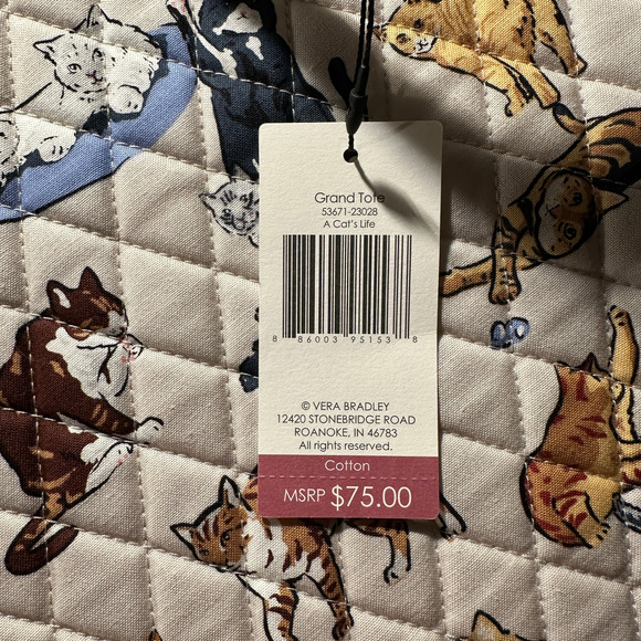 New Vera Bradley A Cats Life Grand Tote Large Quilted Cotton Shoulder Bag Beige - Picture 7 of 7